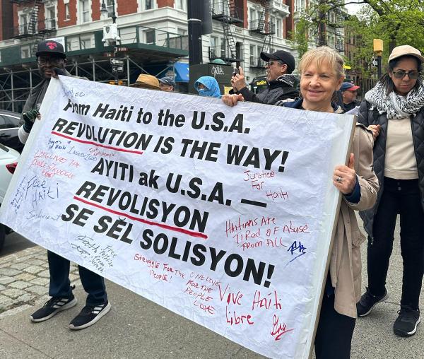 New York City May Day march, banner signed by Haitians, May 4, 2024.