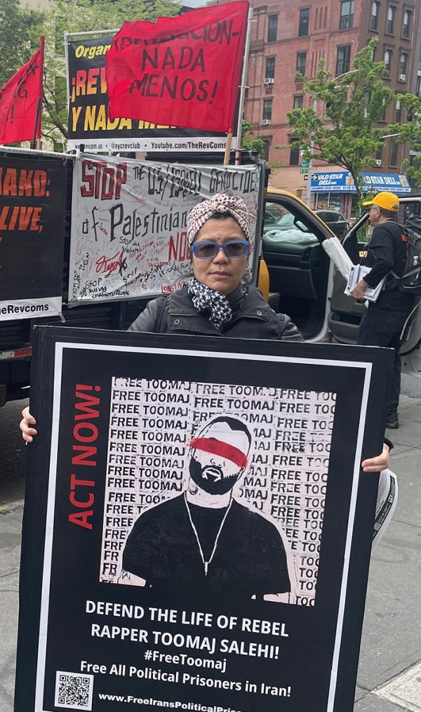 New York City, support for Iranian political prisoner Toomaj, in May Day march, May 4, 2024.