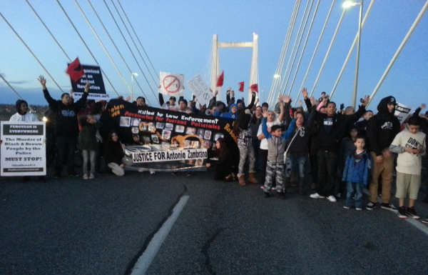 People in Pasco, Washington took over a major four-lane bridge, protesting the police murder of Antonio Zambrano-Montes, February 21.