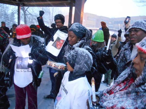 At the scene of the police murder of Tamir Rice, February 22.