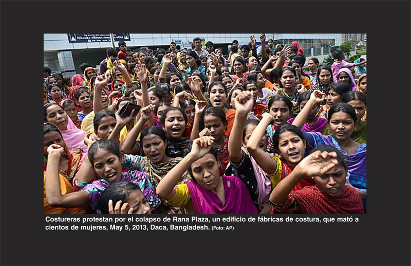Costureras protestan por el colapso de Rana Plaza, un edificio de fábricas de costura, que mató a cientos de mujeres, May 5, 2013, Daca, Bangladesh.