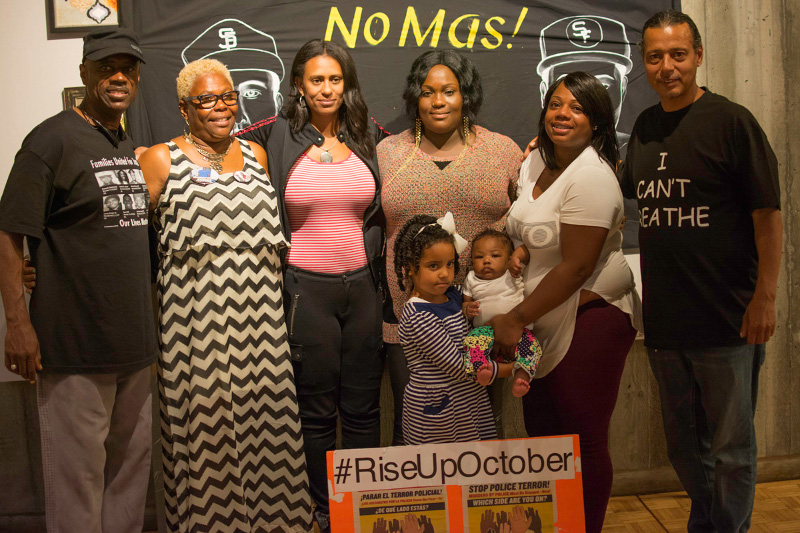 From left: Uncle Bobby (Cephus Johnson), uncle of Oscar Grant, killed by Bay Area Rapid Transit Police January 1, 2009; Angela Naggie, mother of O’Shaine Evans, killed by San Francisco police October 7, 2014; Gabrielle McCarter, wife of Rev. David McCarter, killed by Jasper Newton County, Texas sheriffs; Cadine Williams, sister of O’Shaine Evans; Chemika Hollis, partner of Nate Wilks, killed by Oakland police August 12, 2015; Carey Downs, father of James Rivera, Jr, killed by Stockton police July 22, 2010.