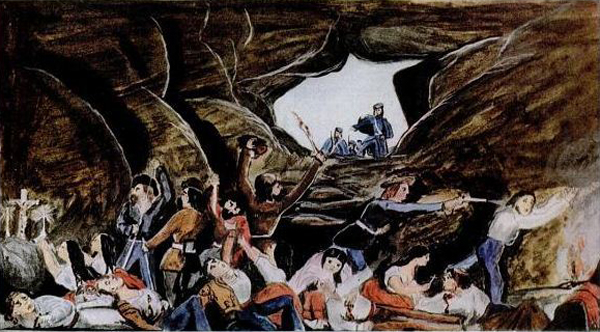 A massacre of Mexican civilians in a cave at Agua Nueva by American cavalry.
