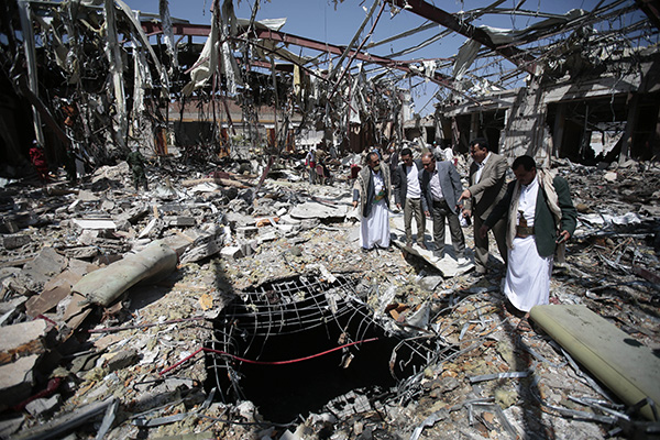 Rubble after a funeral hall was destroyed by a Saudi-led airstrike in Sanaa, Yemen, October 13.