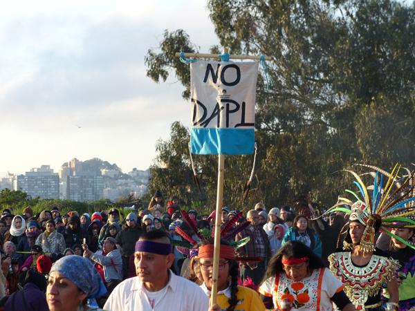 Some of the participants in the Indigenous People's Day celebration at Alcatraz showed solidarity with the struggle to stop the DAPL pipeline in North Dakota.