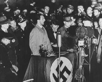 Joseph Goebbels, German propaganda minister, speaks on the night of book burning. Berlin, Germany, May 10, 1933.