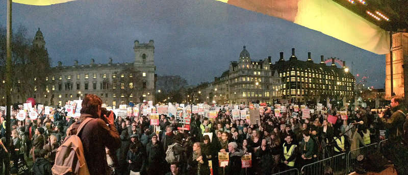London, UK: Hundreds of thousands of protesters at the Parliament demand cancellation of Trump state visit.