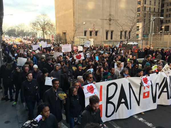 New York City, January 29, Tens of thousands march after Trump's first Muslim ban.