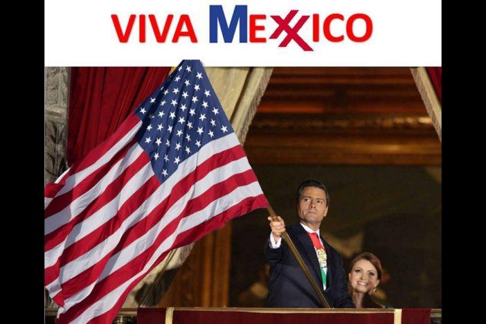 Image of Mexican President Enrique Peña Nieto and his wife, waving the U.S. flag.