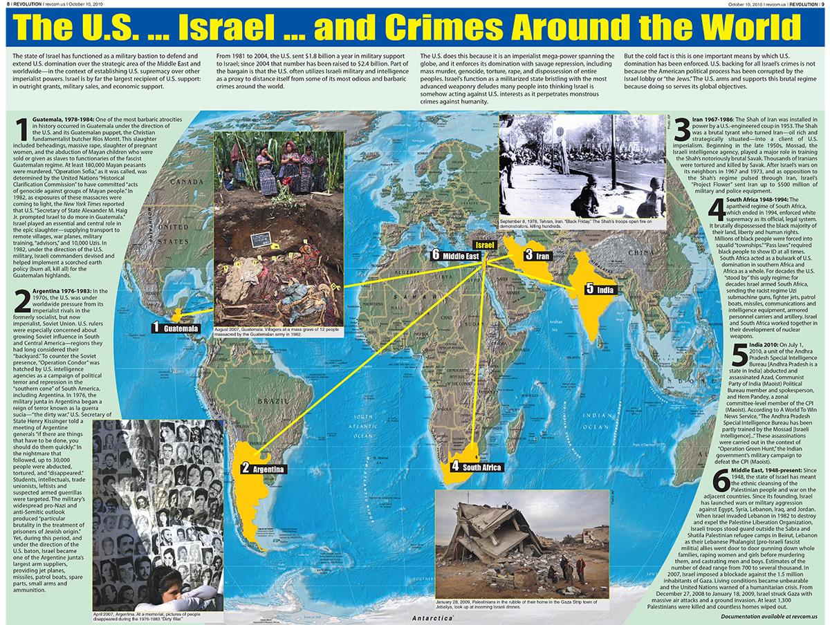 Poster of U.S. ... Israel crimes around the world.