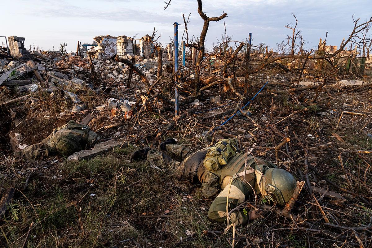 Both Russia and Ukraine have been finding ways to expand their militaries—in order to throw more troops into the human meat grinder. Here bodies of Russian soldiers on the battle field, Sept. 2023.