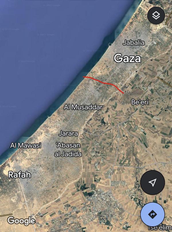 Aerial map of Gaza with red line indicating "north Gaza."