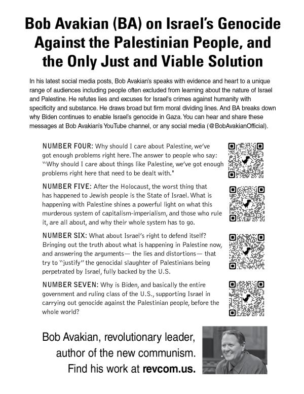 Bob Avakian (BA) on Israel’s Genocide Against the Palestinian People leaflet with QR codes