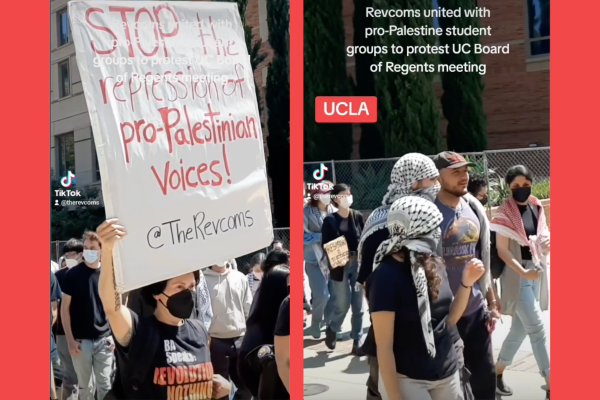 Revcoms united with pro-Palestine student groups at UCLA to protest UC Board of Regents’ meeting.