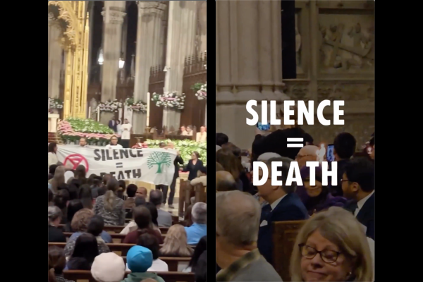 Just before Easter Mass at St. Patrick’s Cathedral in New York City, protesters went in front of the altar with a large banner saying “Silence = Death.” (Screengrabs from video, credit: @xr_nyc)
