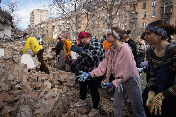Ukraine: students of Kyiv State Arts Academy clear the rubble after Russian missile attack, March 2023.