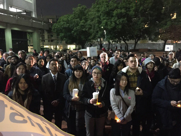 December 7--Japanese American community groups led a protest in the Little Tokyo neighborhood of Los Angeles to oppose Trump's threats against Muslims and immigrants.
