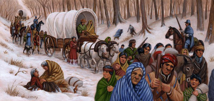  In the winter of 1831, the Choctaw were force-marched from Mississippi, Florida, Alabama, and Louisiana to reservations in Oklahoma, some bound in chains and marched double file.  Thousands died along the way on this "trail of tears." 