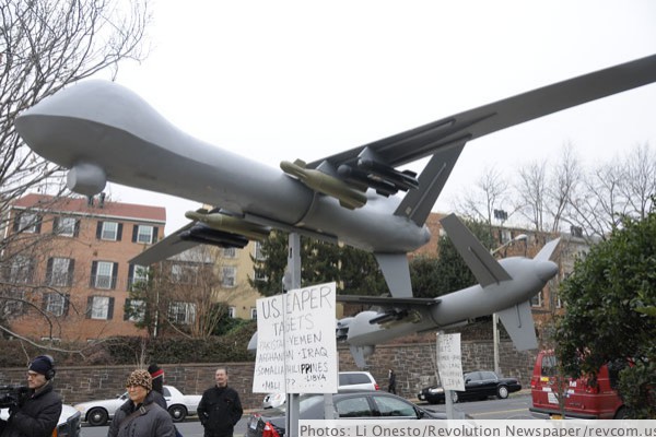 Five replicas of Reaper drones, used for bombing villages, families, children remotely, dramatized the illegitimacy of the war or terror