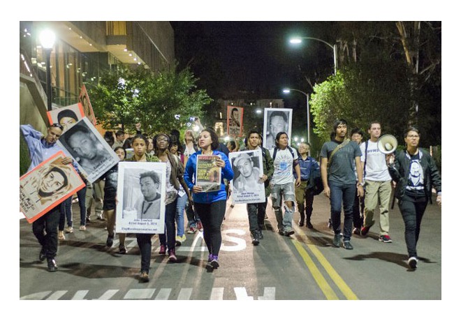 Los Angeles, 11/24: There were protests in various parts of the city, from Crenshaw to the campuses to Beverly Hills and at highway 10 where traffic was blocked. Here, students march through the UCLA campus. Photo: UCLA: Eu Ran Kwak/Daily Bruin