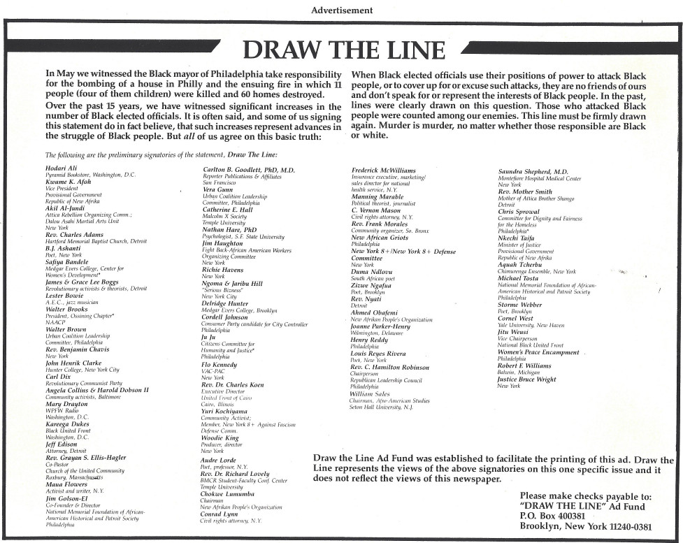 Draw the Line Statement about MOVE Massacre