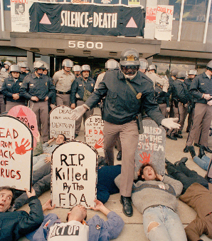 ACT UP demonstrators, angry with the government's response to the AIDS crisis, shut down the Food and Drug Administration, Rockville, MD, October 1988.