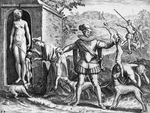 Spaniards killing women and children and feeding their remains to dogs. Illustration based on eyewitness account by Bartolomé de las Casas, in his book published in the 16th Century.