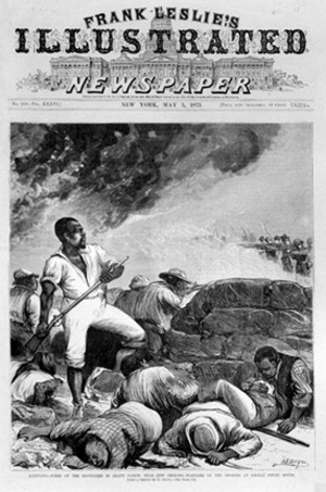 A magazine cover reports on the 1873 attack on Black people demanding their right to vote in Colfax County, Louisiana, by armed white supremacist mobs. 