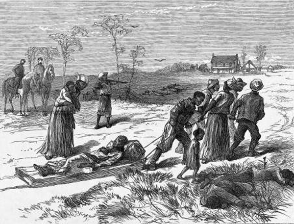 A drawing from Harpers Weekly depicting Black people collecting the bodies of the murdered after the massacre.
