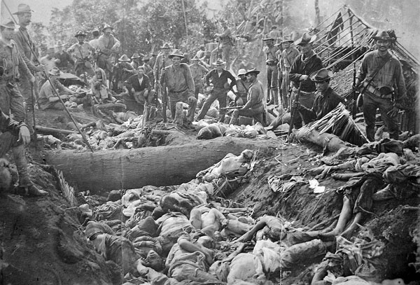 The bodies of Moro insurgents and civilians killed by U.S. troops during the Battle of Bud Dajo in the Philippines, March 7, 1906.