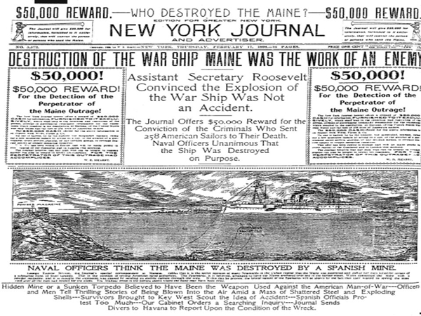 Headlines in the New York Journal when the U.S. warship Maine blew up in Havana harbor.