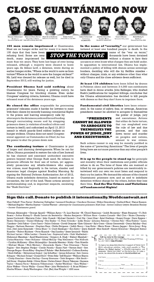 Full Page Statement In The New York Times Demands Close Guantánamo Now 