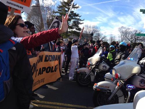 Brave protesters demanding "Abortion on demand and without apology!" STOPPED the so-called 'March for Life' (march for forced motherhood), January 22, 2015, in Washington DC; 8 of them were arrested.