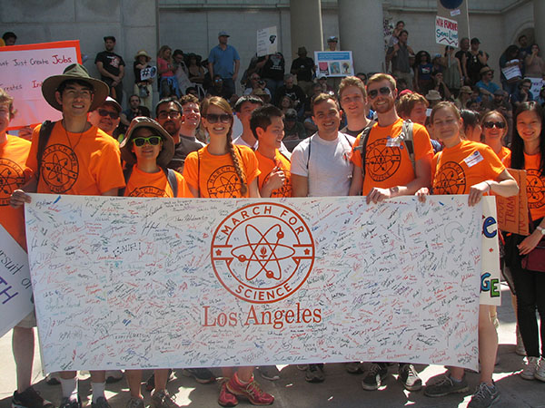 A contingent of students from Cal Tech marched in the Los Angeles March for Science carrying a banner signed by hundreds from their campus.