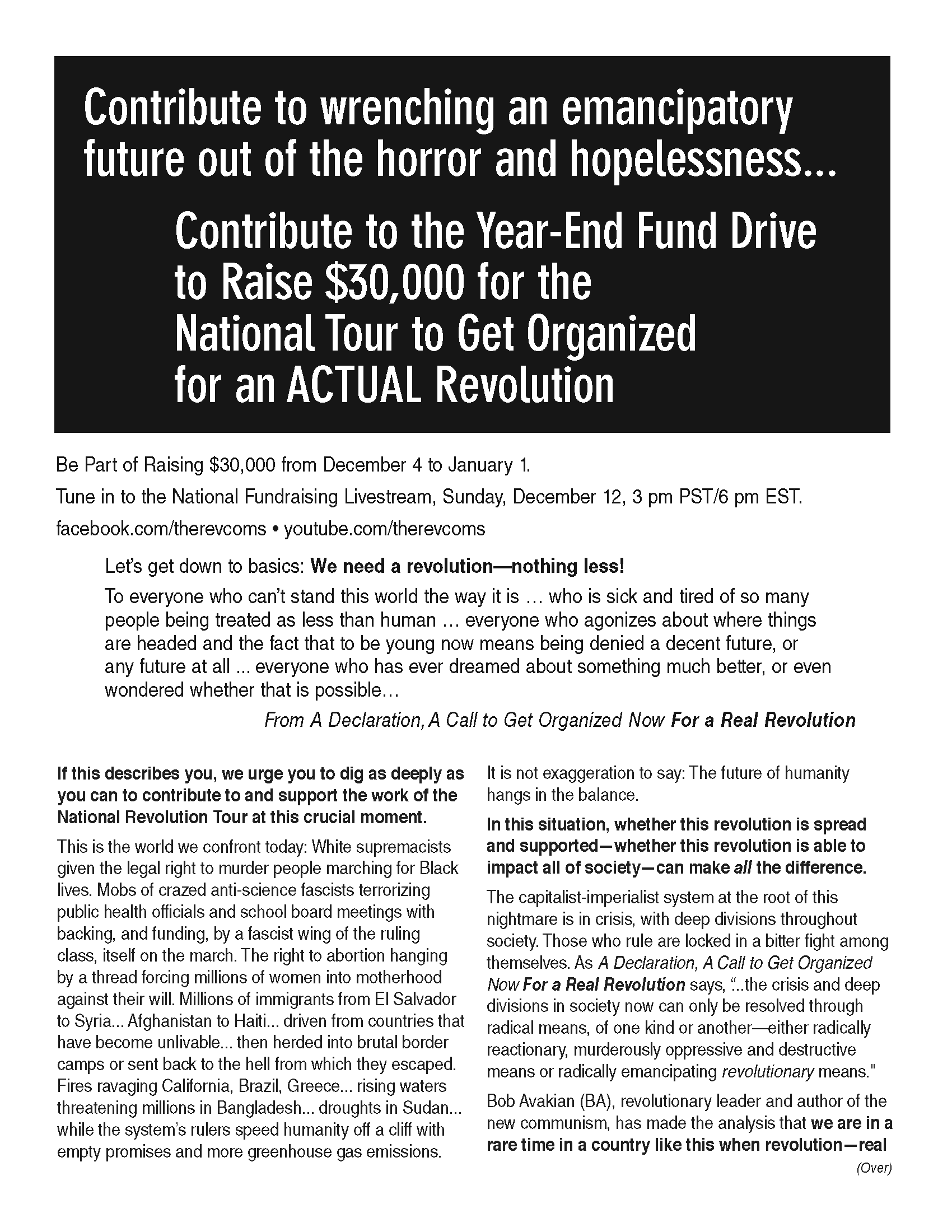 2021 Contribute to the Year-End Fund Drive to Raise $30,000 for the National Tour to Get Organized for an ACTUAL Revolution