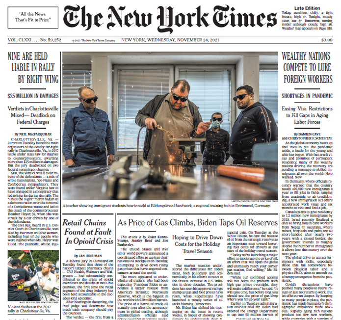 New York Times Nov 24, 2021 front page with pic of revcoms in Charlottesville 2017