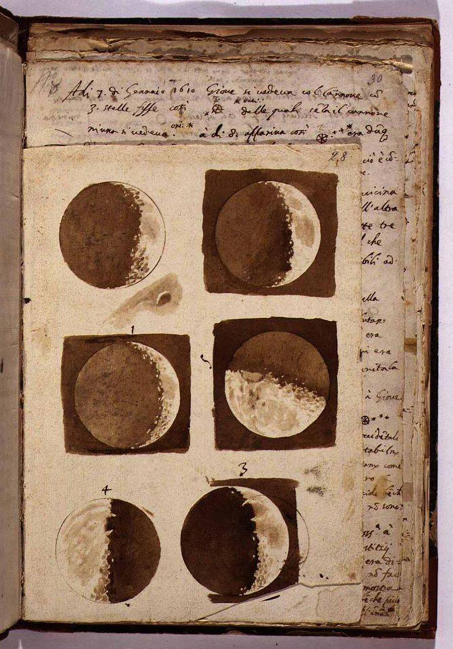 Galileo's drawings of the moon in various phases.