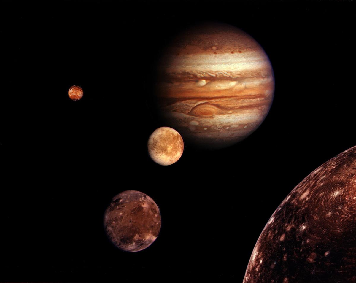 Jupiter with moons, Io, Europa, Ganymede, and Callisto.
