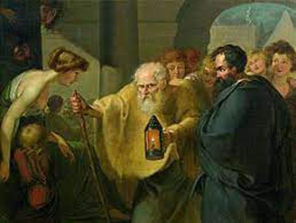 Drawing of Diogenes with lantern searching for honest man.