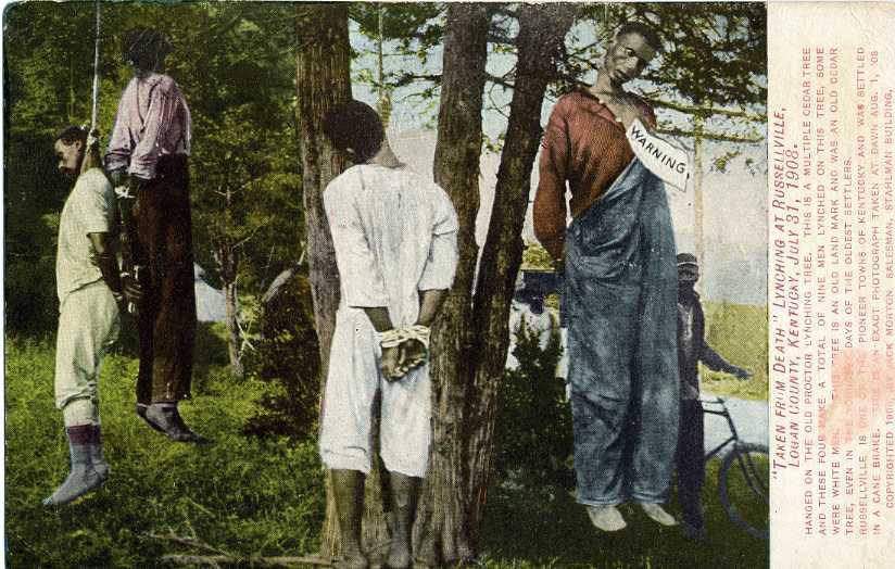 Postcard of the lynching of 4 Black men on July 31, 1908, in Russellville, Kentucky