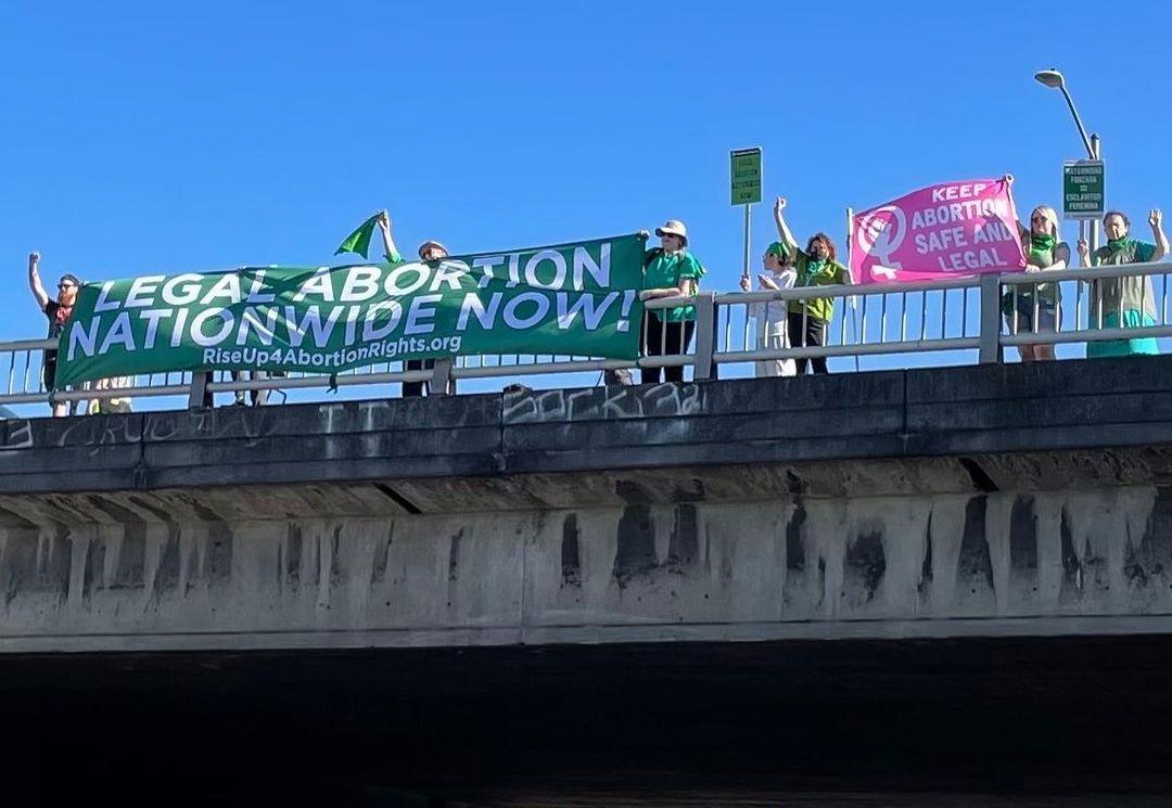 Holding banner Legal Abortion Nationwide Now on overpass