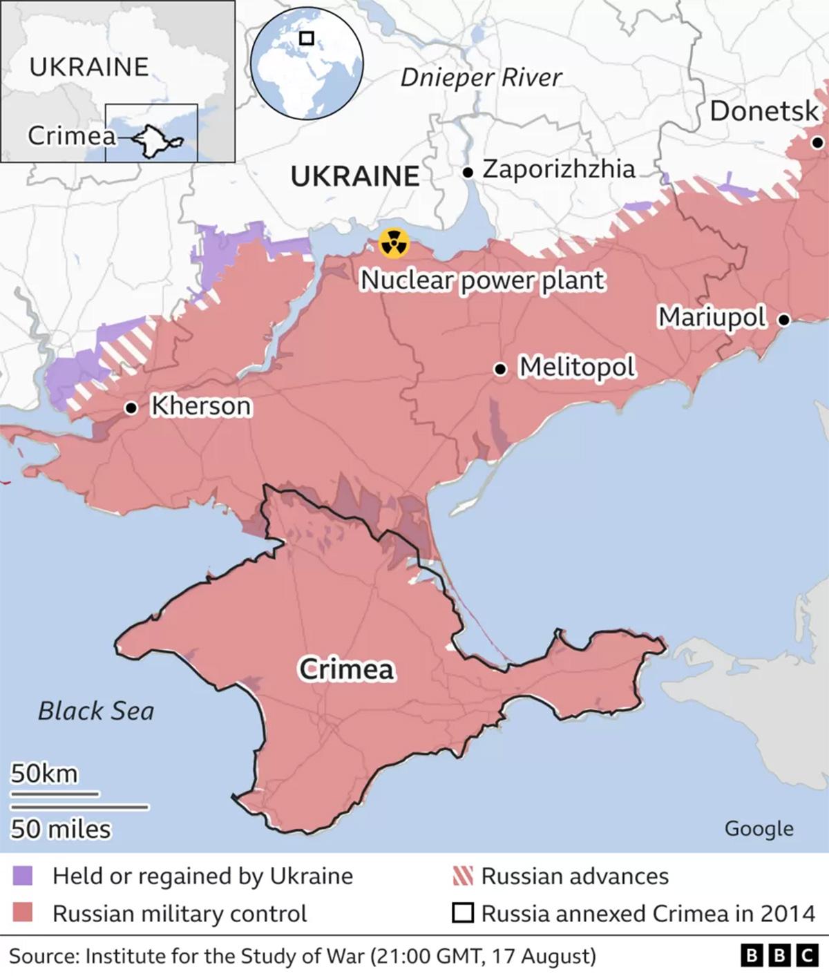 South Ukraine showing Crimea and position of nuclear plant at Zaporizhzhia.