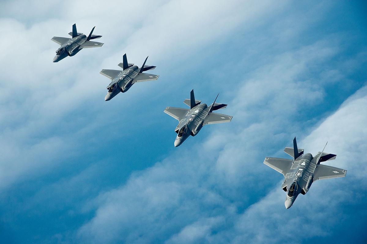 USAF F35A Lightning IIs fly in formation over Florida.