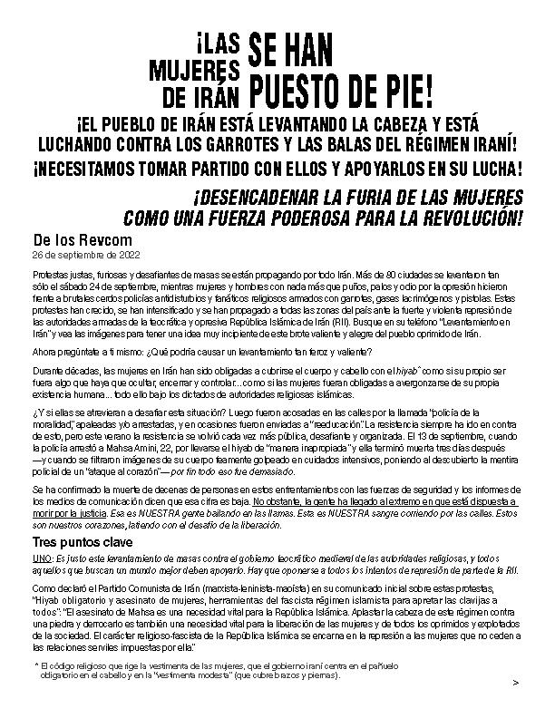 leaflet revcom statement on Iran spanish