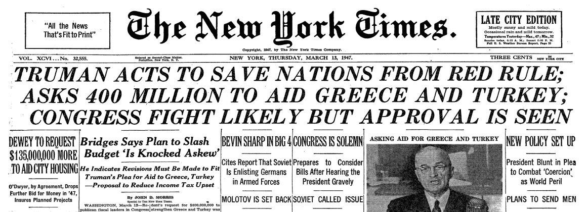 Front page of New York Times announcing Truman Doctrine, March 14, 1947.