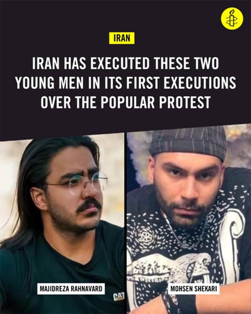 Iran executes two protesters by public hanging.