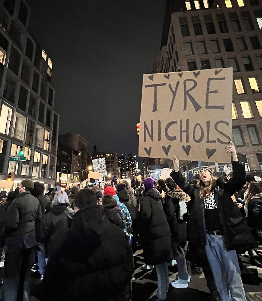 New York City, protesters march down 14th Street after bodycam of cops beating Tyre Nichols was released.