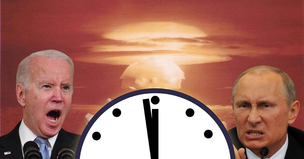 Biden-Putin_Doomsday clock at a few minutes before midnight.