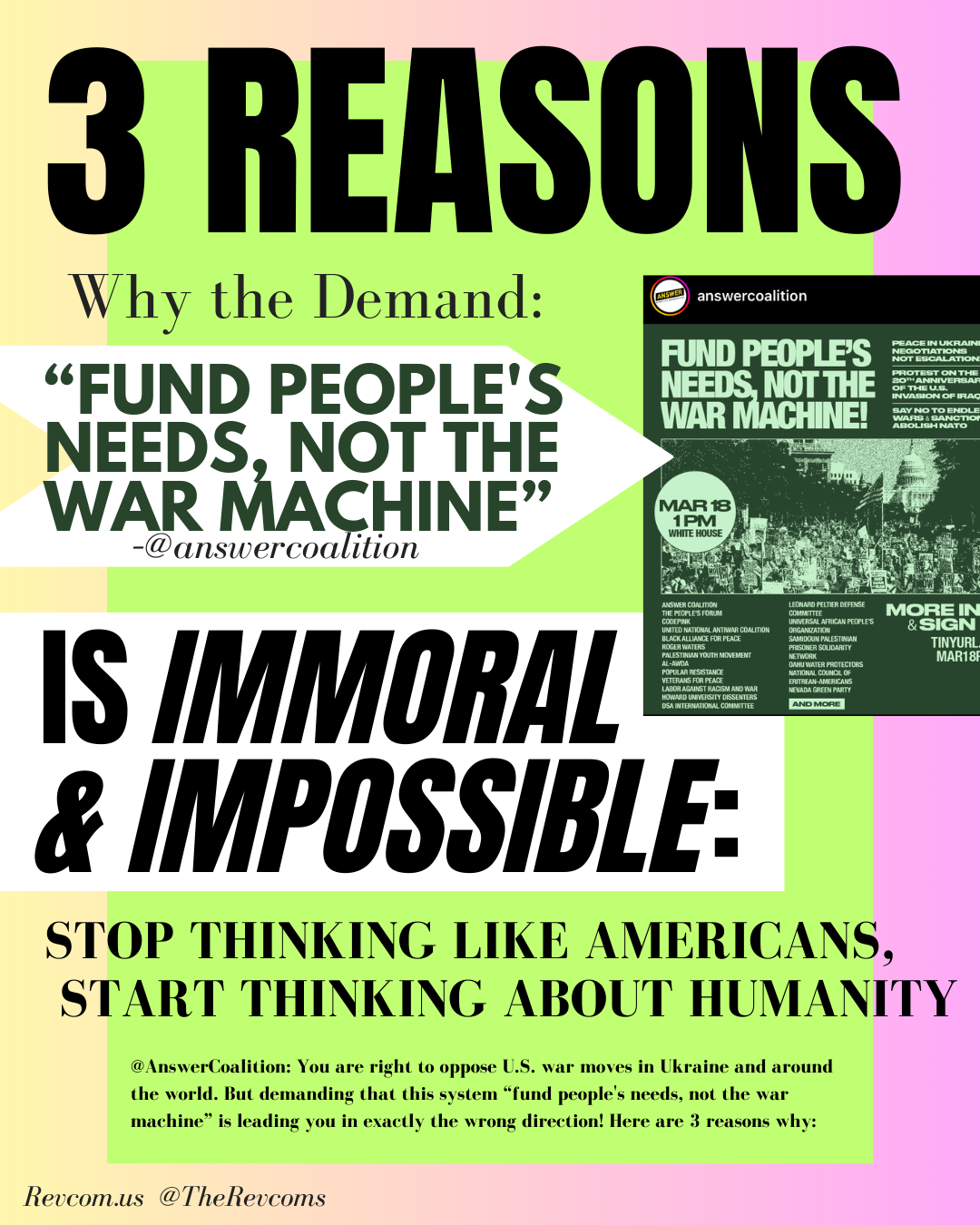 3 Reasons Why the Demand  “Fund People's Needs, Not the War Machine”  Is Immoral and Impossible