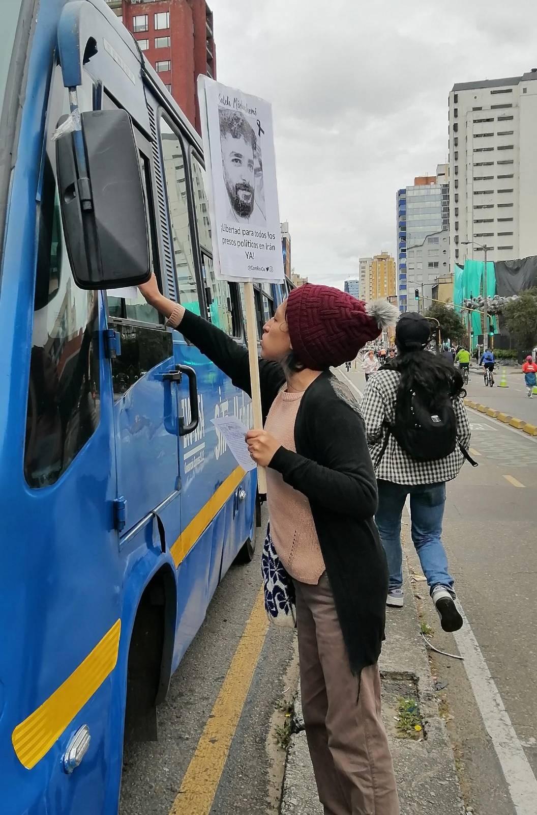 Bogota, Colombia, leafletting bus to stop executions in Iran